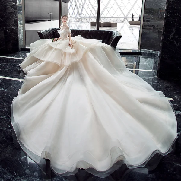Chic / Beautiful Champagne Wedding Dresses 2019 Ball Gown Off-The-Shoulder Short Sleeve Backless Appliques Lace Pearl Beading Glitter Tulle Cathedral Train