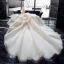 Chic / Beautiful Champagne Wedding Dresses 2019 Ball Gown Off-The-Shoulder Short Sleeve Backless Appliques Lace Pearl Beading Glitter Tulle Cathedral Train