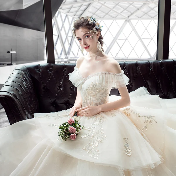 Chic / Beautiful Champagne Wedding Dresses 2019 Ball Gown Off-The-Shoulder Short Sleeve Backless Appliques Lace Pearl Beading Glitter Tulle Cathedral Train