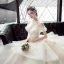 Chic / Beautiful Champagne Wedding Dresses 2019 Ball Gown Off-The-Shoulder Short Sleeve Backless Appliques Lace Pearl Beading Glitter Tulle Cathedral Train