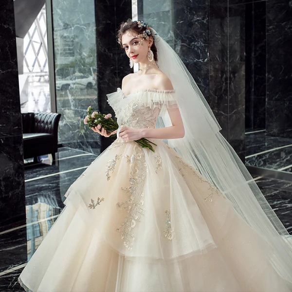 Chic / Beautiful Champagne Wedding Dresses 2019 Ball Gown Off-The-Shoulder Short Sleeve Backless Appliques Lace Pearl Beading Glitter Tulle Cathedral Train