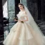 Chic / Beautiful Champagne Wedding Dresses 2019 Ball Gown Off-The-Shoulder Short Sleeve Backless Appliques Lace Pearl Beading Glitter Tulle Cathedral Train