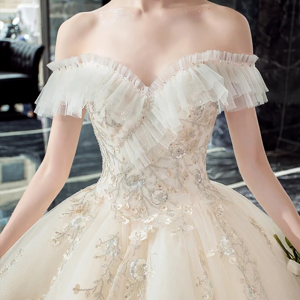 Chic / Beautiful Champagne Wedding Dresses 2019 Ball Gown Off-The-Shoulder Short Sleeve Backless Appliques Lace Pearl Beading Glitter Tulle Cathedral Train