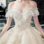 Chic / Beautiful Champagne Wedding Dresses 2019 Ball Gown Off-The-Shoulder Short Sleeve Backless Appliques Lace Pearl Beading Glitter Tulle Cathedral Train