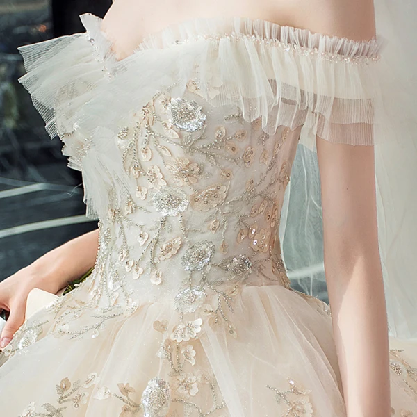 Chic / Beautiful Champagne Wedding Dresses 2019 Ball Gown Off-The-Shoulder Short Sleeve Backless Appliques Lace Pearl Beading Glitter Tulle Cathedral Train