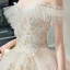 Chic / Beautiful Champagne Wedding Dresses 2019 Ball Gown Off-The-Shoulder Short Sleeve Backless Appliques Lace Pearl Beading Glitter Tulle Cathedral Train
