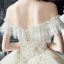 Chic / Beautiful Champagne Wedding Dresses 2019 Ball Gown Off-The-Shoulder Short Sleeve Backless Appliques Lace Pearl Beading Glitter Tulle Cathedral Train