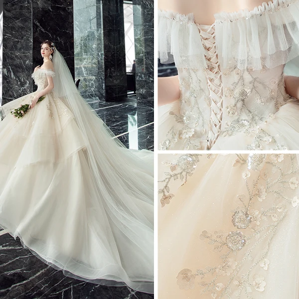 Chic / Beautiful Champagne Wedding Dresses 2019 Ball Gown Off-The-Shoulder Short Sleeve Backless Appliques Lace Pearl Beading Glitter Tulle Cathedral Train