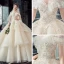 Chic / Beautiful Champagne Wedding Dresses 2019 Ball Gown Off-The-Shoulder Short Sleeve Backless Appliques Lace Pearl Beading Glitter Tulle Cathedral Train
