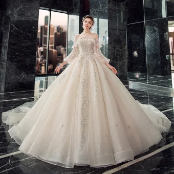 Victorian Style Champagne Wedding Dresses 2019 Ball Gown Off The Shoulder Puffy 3 4 Sleeve Backless Appliques Lace Sequins Beading Cathedral Train Ruffle