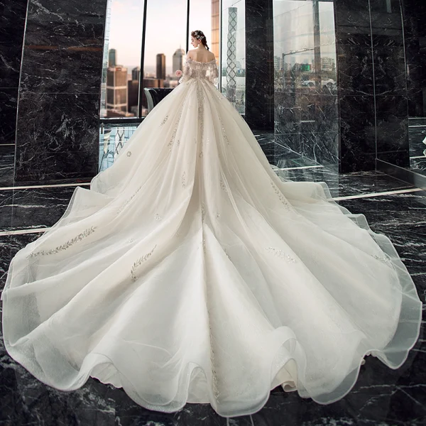 Victorian Style Champagne Wedding Dresses 2019 Ball Gown Off-The-Shoulder Puffy 3/4 Sleeve Backless Appliques Lace Sequins Beading Cathedral Train Ruffle