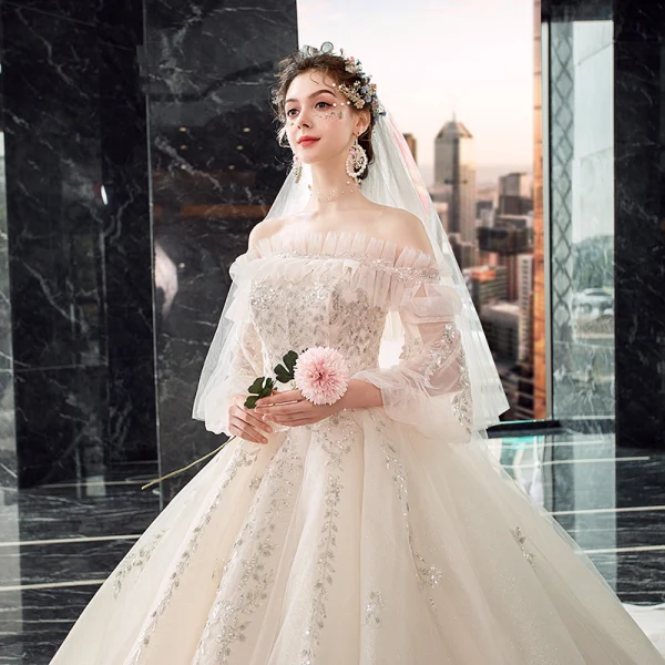 Victorian Style Champagne Wedding Dresses 2019 Ball Gown Off-The-Shoulder Puffy 3/4 Sleeve Backless Appliques Lace Sequins Beading Cathedral Train Ruffle