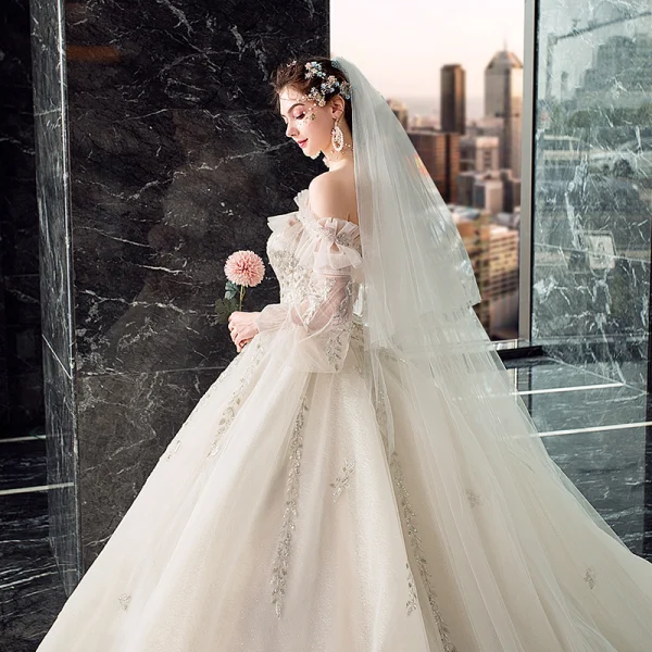 Victorian Style Champagne Wedding Dresses 2019 Ball Gown Off-The-Shoulder Puffy 3/4 Sleeve Backless Appliques Lace Sequins Beading Cathedral Train Ruffle
