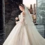 Victorian Style Champagne Wedding Dresses 2019 Ball Gown Off-The-Shoulder Puffy 3/4 Sleeve Backless Appliques Lace Sequins Beading Cathedral Train Ruffle