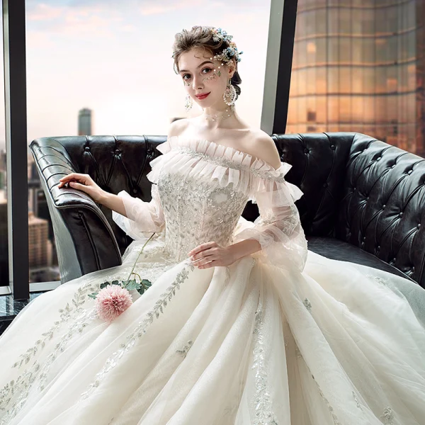 Victorian Style Champagne Wedding Dresses 2019 Ball Gown Off-The-Shoulder Puffy 3/4 Sleeve Backless Appliques Lace Sequins Beading Cathedral Train Ruffle