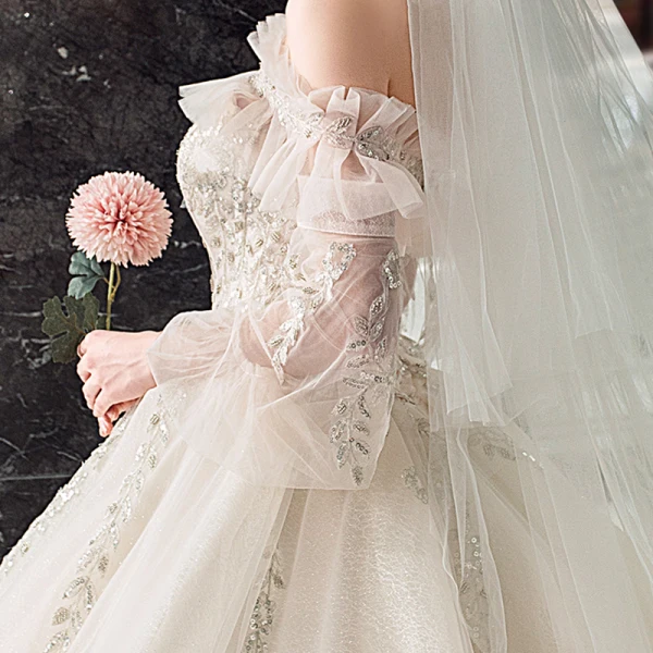 Victorian Style Champagne Wedding Dresses 2019 Ball Gown Off-The-Shoulder Puffy 3/4 Sleeve Backless Appliques Lace Sequins Beading Cathedral Train Ruffle