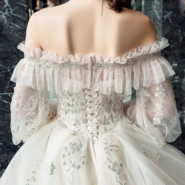Victorian Style Champagne Wedding Dresses 2019 Ball Gown Off-The-Shoulder Puffy 3/4 Sleeve Backless Appliques Lace Sequins Beading Cathedral Train Ruffle