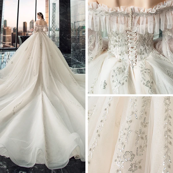 Victorian Style Champagne Wedding Dresses 2019 Ball Gown Off-The-Shoulder Puffy 3/4 Sleeve Backless Appliques Lace Sequins Beading Cathedral Train Ruffle