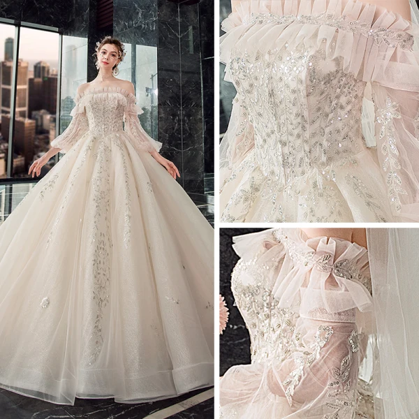 Victorian Style Champagne Wedding Dresses 2019 Ball Gown Off-The-Shoulder Puffy 3/4 Sleeve Backless Appliques Lace Sequins Beading Cathedral Train Ruffle