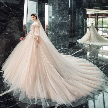 Victorian Style Champagne Wedding Dresses 2019 Ball Gown Off The Shoulder Puffy 3 4 Sleeve Backless Appliques Lace Beading Cathedral Train Ruffle