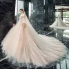 Victorian Style Champagne Wedding Dresses 2019 Ball Gown Off-The-Shoulder Puffy 3/4 Sleeve Backless Appliques Lace Beading Cathedral Train Ruffle