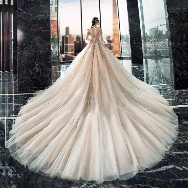 Victorian Style Champagne Wedding Dresses 2019 Ball Gown Off-The-Shoulder Puffy 3/4 Sleeve Backless Appliques Lace Beading Cathedral Train Ruffle