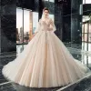 Victorian Style Champagne Wedding Dresses 2019 Ball Gown Off-The-Shoulder Puffy 3/4 Sleeve Backless Appliques Lace Beading Cathedral Train Ruffle