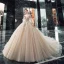 Victorian Style Champagne Wedding Dresses 2019 Ball Gown Off-The-Shoulder Puffy 3/4 Sleeve Backless Appliques Lace Beading Cathedral Train Ruffle