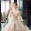 Victorian Style Champagne Wedding Dresses 2019 Ball Gown Off-The-Shoulder Puffy 3/4 Sleeve Backless Appliques Lace Beading Cathedral Train Ruffle