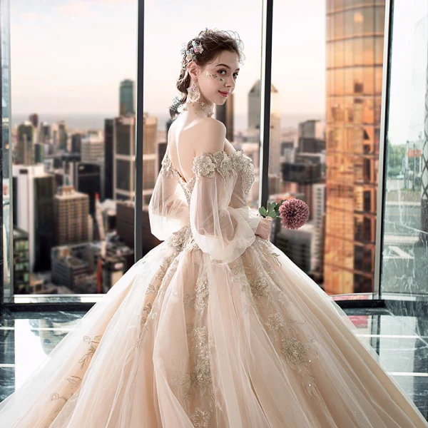 Victorian Style Champagne Wedding Dresses 2019 Ball Gown Off-The-Shoulder Puffy 3/4 Sleeve Backless Appliques Lace Beading Cathedral Train Ruffle