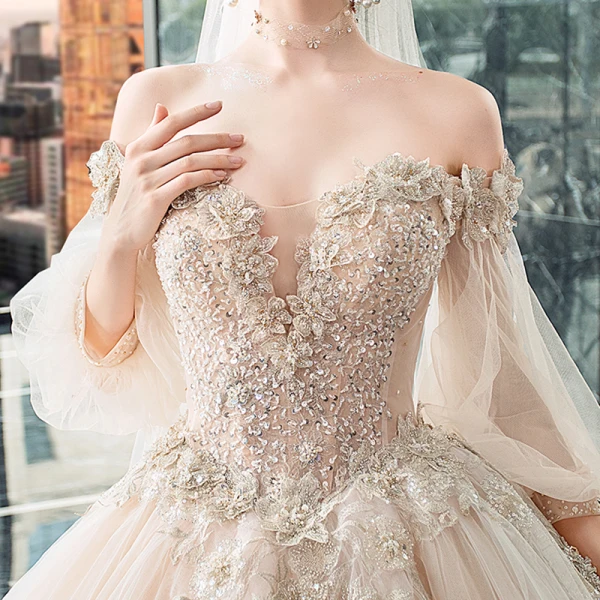 Victorian Style Champagne Wedding Dresses 2019 Ball Gown Off-The-Shoulder Puffy 3/4 Sleeve Backless Appliques Lace Beading Cathedral Train Ruffle