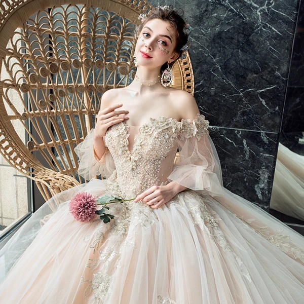 Victorian Style Champagne Wedding Dresses 2019 Ball Gown Off-The-Shoulder Puffy 3/4 Sleeve Backless Appliques Lace Beading Cathedral Train Ruffle