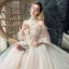 Victorian Style Champagne Wedding Dresses 2019 Ball Gown Off-The-Shoulder Puffy 3/4 Sleeve Backless Appliques Lace Beading Cathedral Train Ruffle