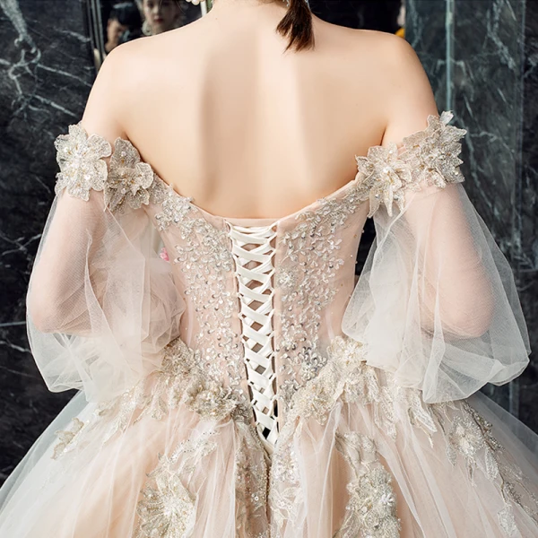 Victorian Style Champagne Wedding Dresses 2019 Ball Gown Off-The-Shoulder Puffy 3/4 Sleeve Backless Appliques Lace Beading Cathedral Train Ruffle