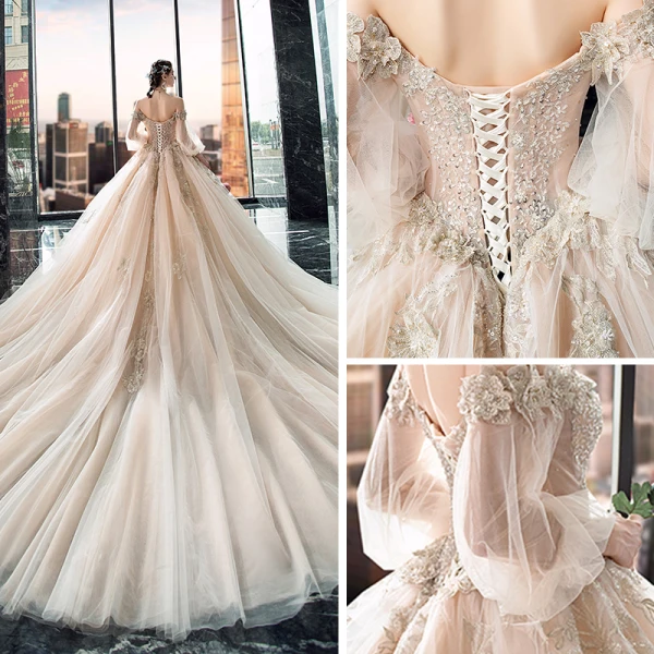 Victorian Style Champagne Wedding Dresses 2019 Ball Gown Off-The-Shoulder Puffy 3/4 Sleeve Backless Appliques Lace Beading Cathedral Train Ruffle