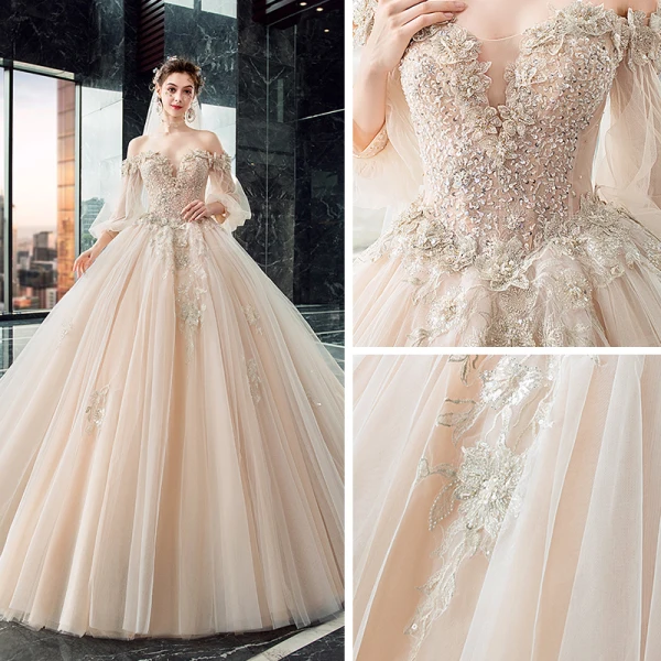 Victorian Style Champagne Wedding Dresses 2019 Ball Gown Off-The-Shoulder Puffy 3/4 Sleeve Backless Appliques Lace Beading Cathedral Train Ruffle