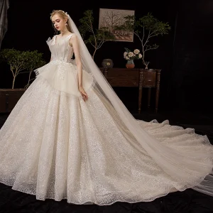 Chic Beautiful Champagne Wedding Dresses 2019 Ball Gown Deep V Neck Sleeveless Backless Glitter Tulle Appliques Lace Cathedral Train Ruffle