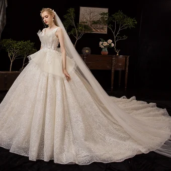Chic Beautiful Champagne Wedding Dresses 2019 Ball Gown Deep V Neck Sleeveless Backless Glitter Tulle Appliques Lace Cathedral Train Ruffle