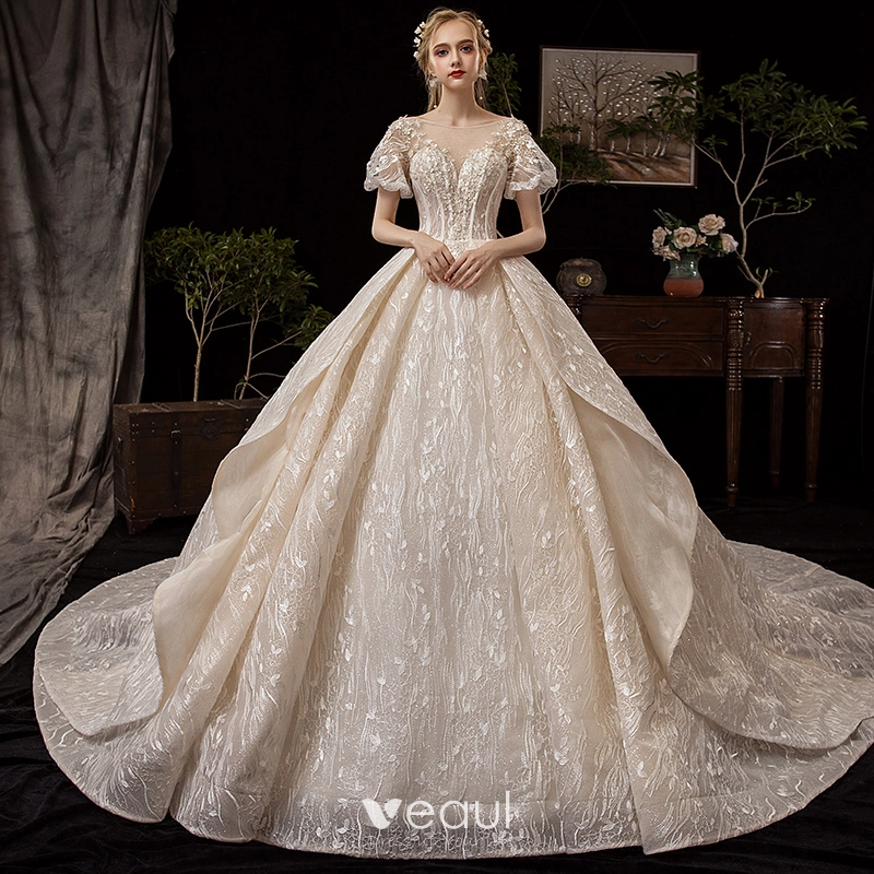 Vintage / Retro Champagne Wedding Dresses 2019 Princess See-through Square Neckline Puffy Short Sleeve Backless Glitter Tulle Appliques Lace Beading Vintage / Retro Champagne Wedding Dresses 2019 Princess See-through Square Neckline Puffy Short Sleeve Backless Glitter Tulle Appliques Lace Beading