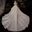 Vintage / Originale Champagne Robe De Mariée 2019 Princesse Transparentes Encolure Carrée Gonflée Manches Courtes Dos Nu Glitter Tulle Appliques En Dentelle Perlage Cathedral Train Volants