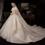 Vintage / Originale Champagne Robe De Mariée 2019 Princesse Transparentes Encolure Carrée Gonflée Manches Courtes Dos Nu Glitter Tulle Appliques En Dentelle Perlage Cathedral Train Volants