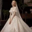 Vintage / Originale Champagne Robe De Mariée 2019 Princesse Transparentes Encolure Carrée Gonflée Manches Courtes Dos Nu Glitter Tulle Appliques En Dentelle Perlage Cathedral Train Volants