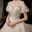 Vintage / Originale Champagne Robe De Mariée 2019 Princesse Transparentes Encolure Carrée Gonflée Manches Courtes Dos Nu Glitter Tulle Appliques En Dentelle Perlage Cathedral Train Volants