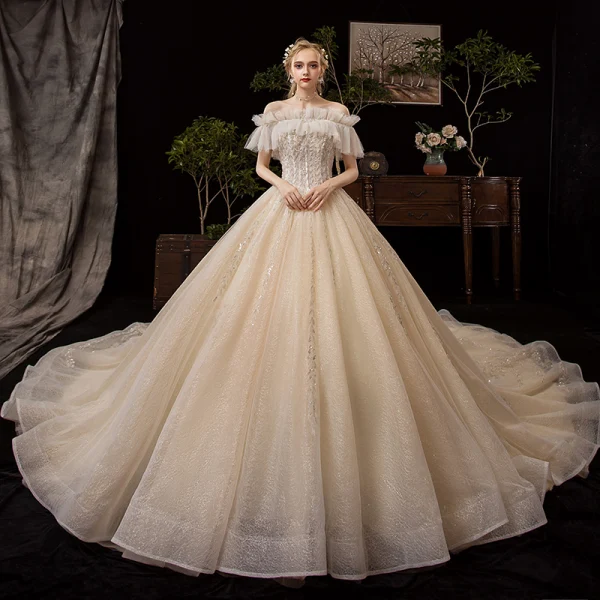 Victorian Style Champagne Wedding Dresses 2019 Ball Gown Off-The-Shoulder Detachable Puffy Long Sleeve Backless Glitter Tulle Appliques Lace Beading Cathedral Train Ruffle