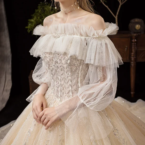 Victorian Style Champagne Wedding Dresses 2019 Ball Gown Off-The-Shoulder Detachable Puffy Long Sleeve Backless Glitter Tulle Appliques Lace Beading Cathedral Train Ruffle