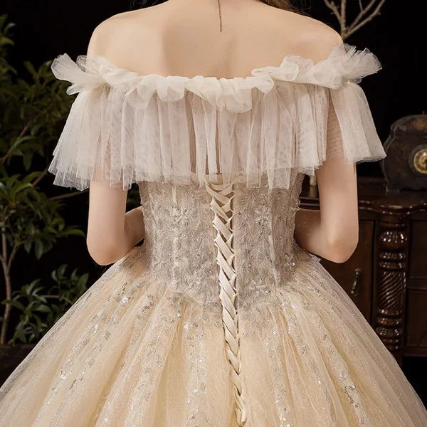 Victorian Style Champagne Wedding Dresses 2019 Ball Gown Off-The-Shoulder Detachable Puffy Long Sleeve Backless Glitter Tulle Appliques Lace Beading Cathedral Train Ruffle