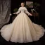 Victorian Style Champagne Wedding Dresses 2019 Ball Gown Off-The-Shoulder Detachable Puffy Long Sleeve Backless Glitter Tulle Appliques Lace Beading Cathedral Train Ruffle