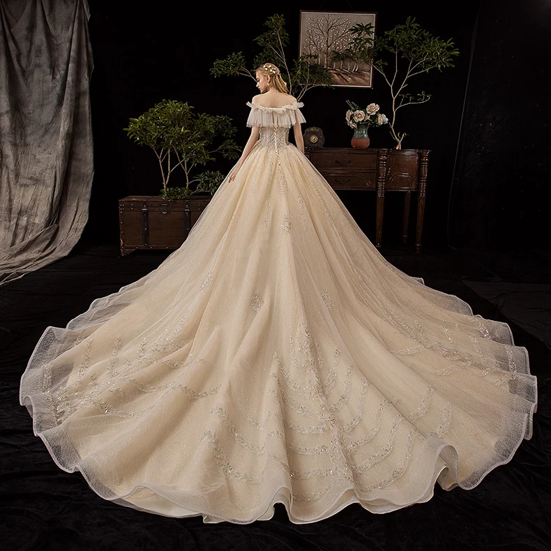 Victorian Style Champagne Wedding Dresses 2019 Ball Gown Off The Shoulder  Detachable Puffy Long Sleeve Backless Glitter Tulle Appliques Lace Beading  Cathedral Train Ruffle