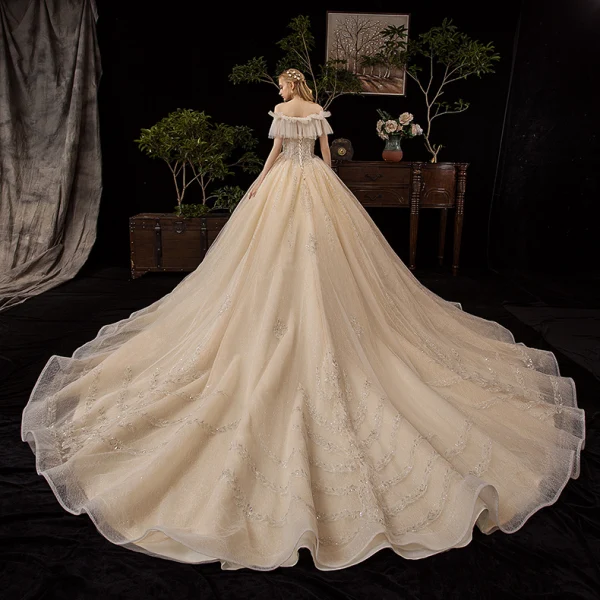 Victorian Style Champagne Wedding Dresses 2019 Ball Gown Off-The-Shoulder Detachable Puffy Long Sleeve Backless Glitter Tulle Appliques Lace Beading Cathedral Train Ruffle