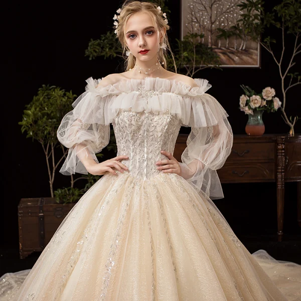Victorian Style Champagne Wedding Dresses 2019 Ball Gown Off-The-Shoulder Detachable Puffy Long Sleeve Backless Glitter Tulle Appliques Lace Beading Cathedral Train Ruffle